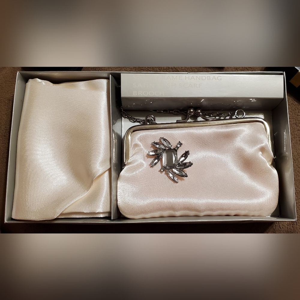 White Cream Satin Handbag, Satin Sash Scarf and brooch.